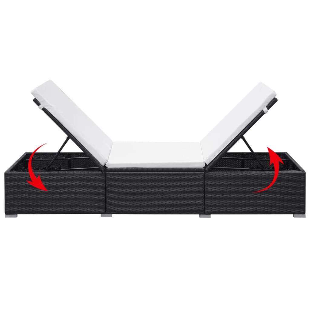 Ligbed met kussen poly rattan zwart