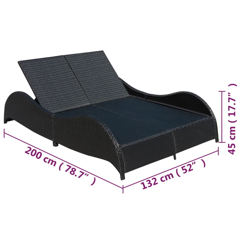 Ligbed tweepersoons met kussen poly rattan zwart