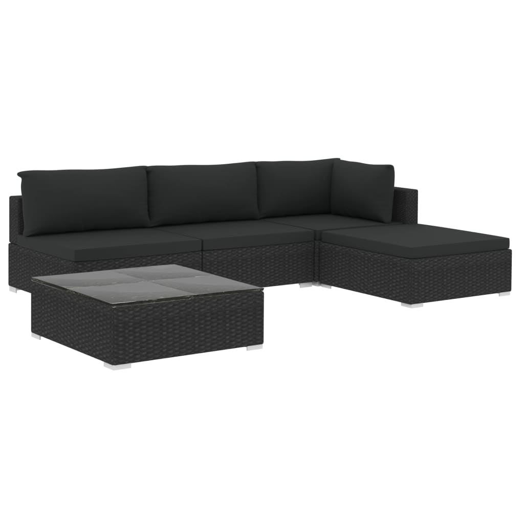 5-delige Loungeset met kussens poly rattan zwart