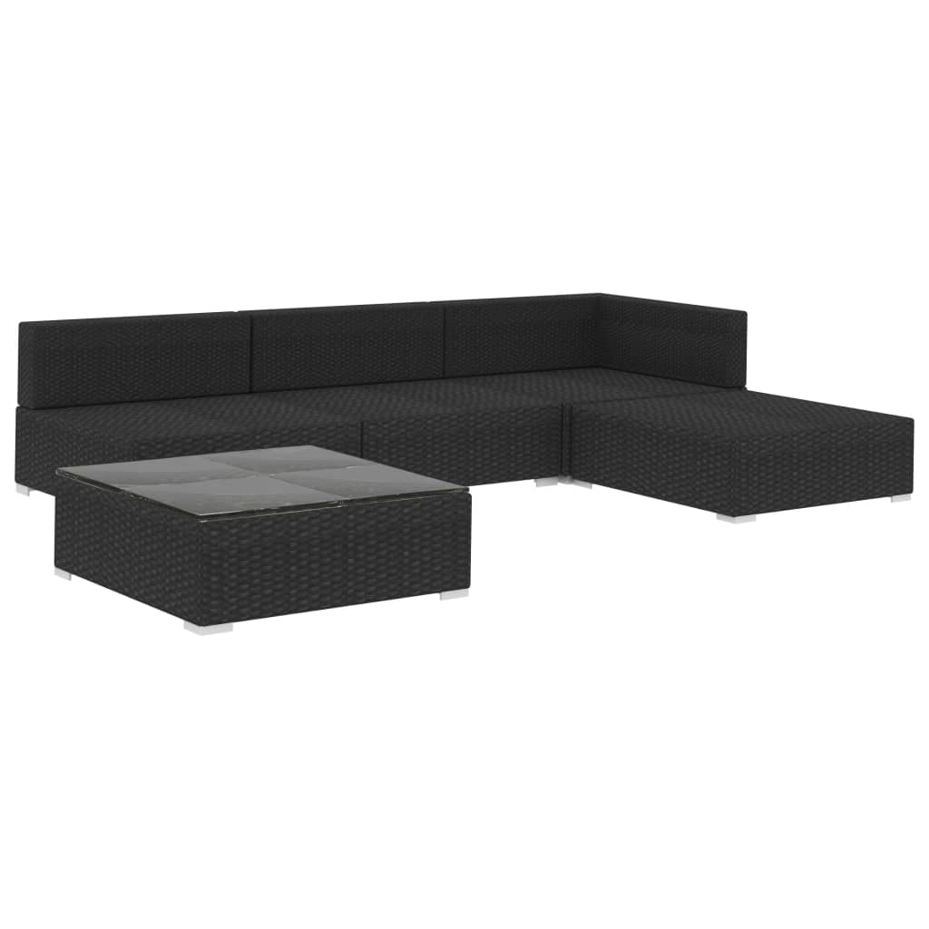 5-delige Loungeset met kussens poly rattan zwart