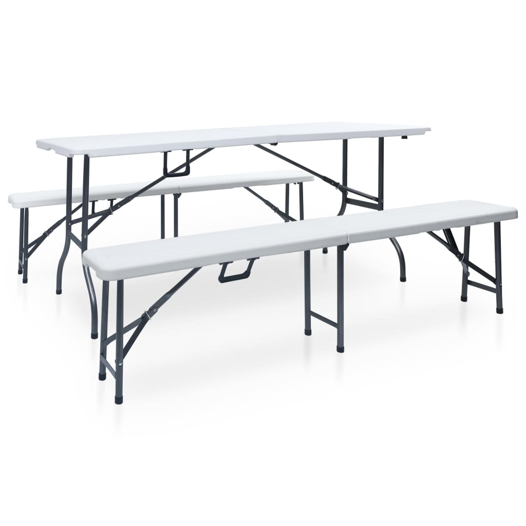 Tuintafel met 2 bankjes inklapbaar 180 cm staal en HDPE wit