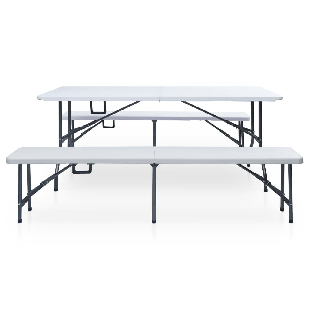 Tuintafel met 2 bankjes inklapbaar 180 cm staal en HDPE wit