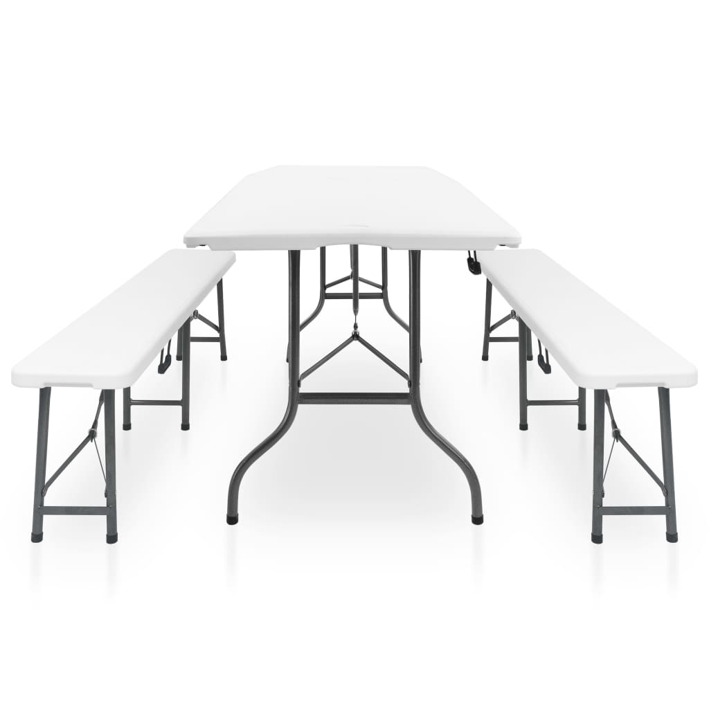 Tuintafel met 2 bankjes inklapbaar 180 cm staal en HDPE wit