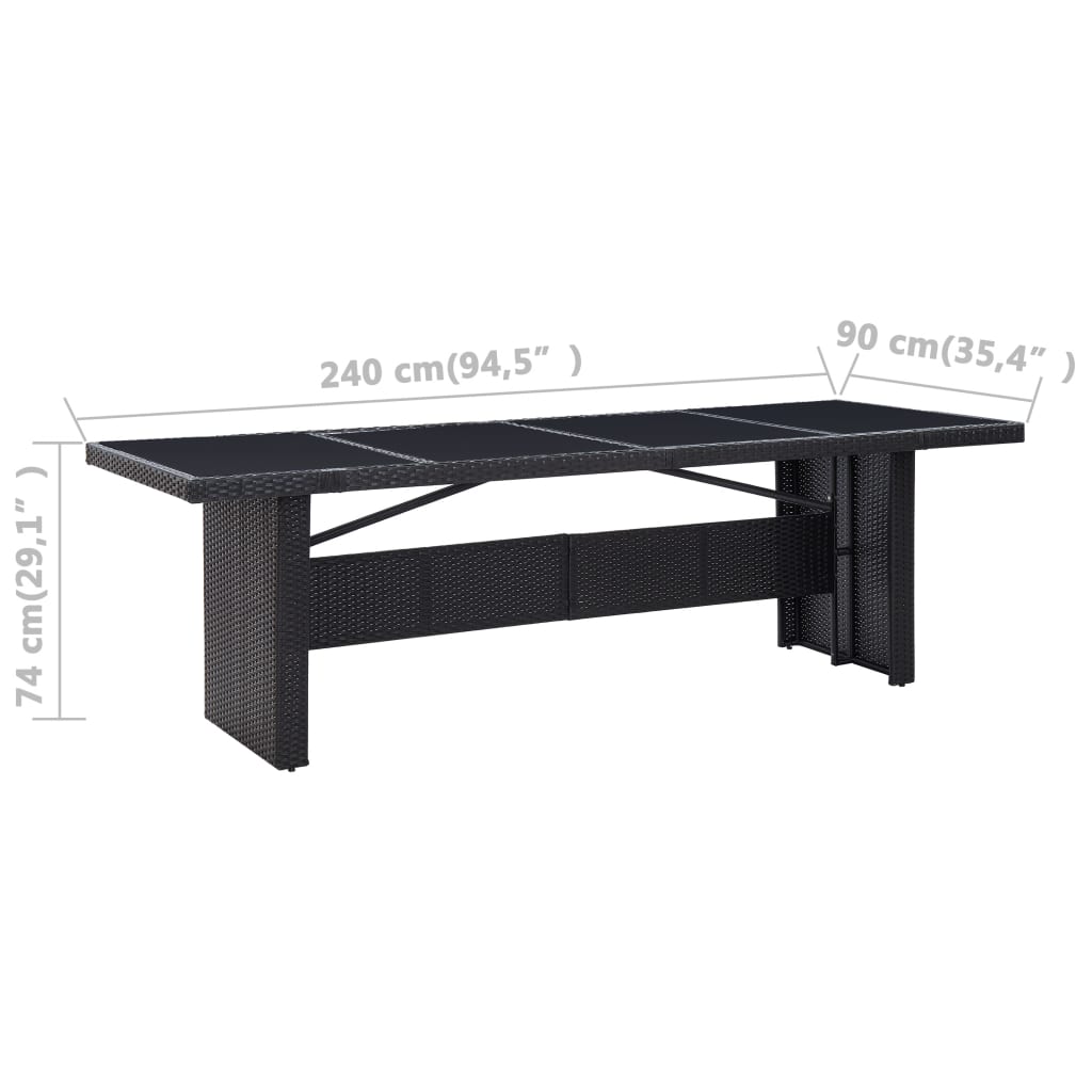 Tuintafel 240x90x74 cm poly rattan en glas zwart