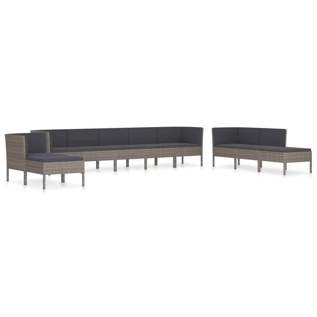 10-delige Loungeset met kussens poly rattan grijs