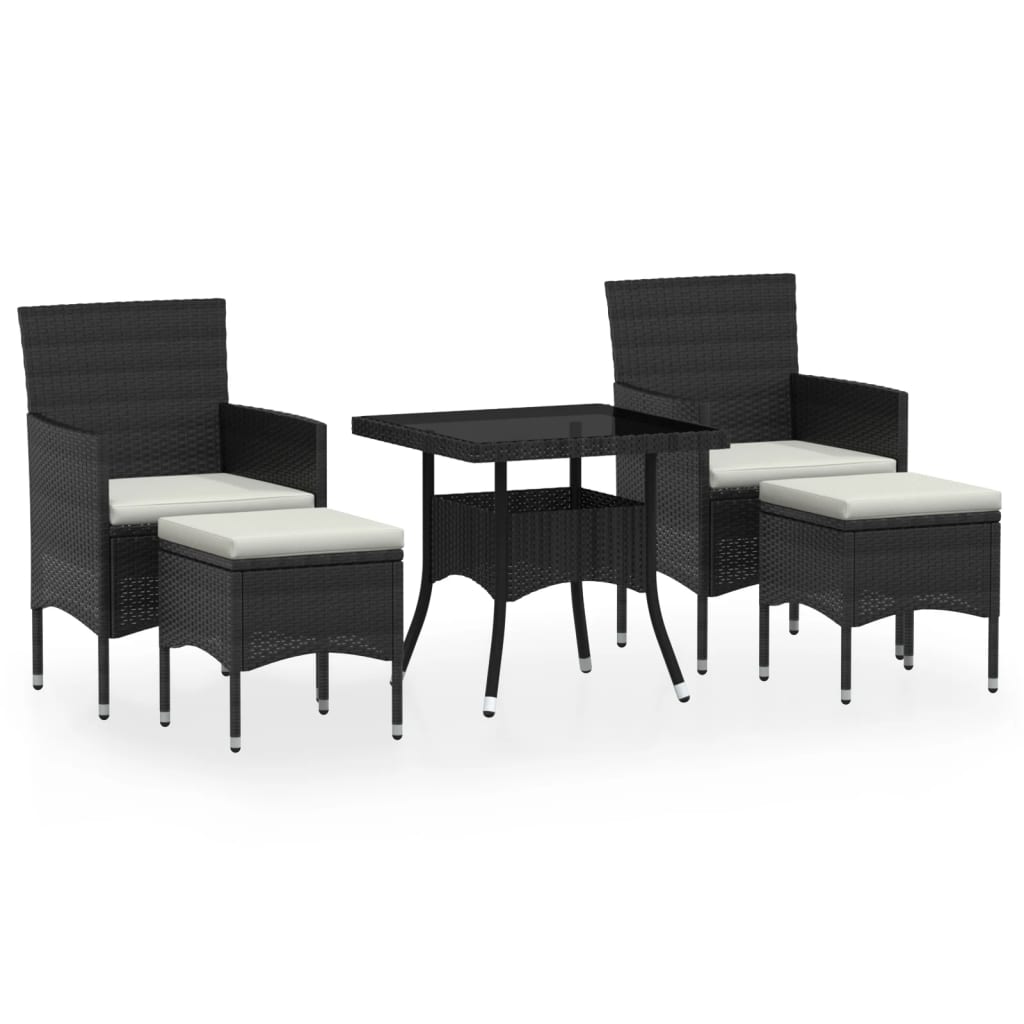 5-delige Tuinset poly rattan en gehard glas zwart
