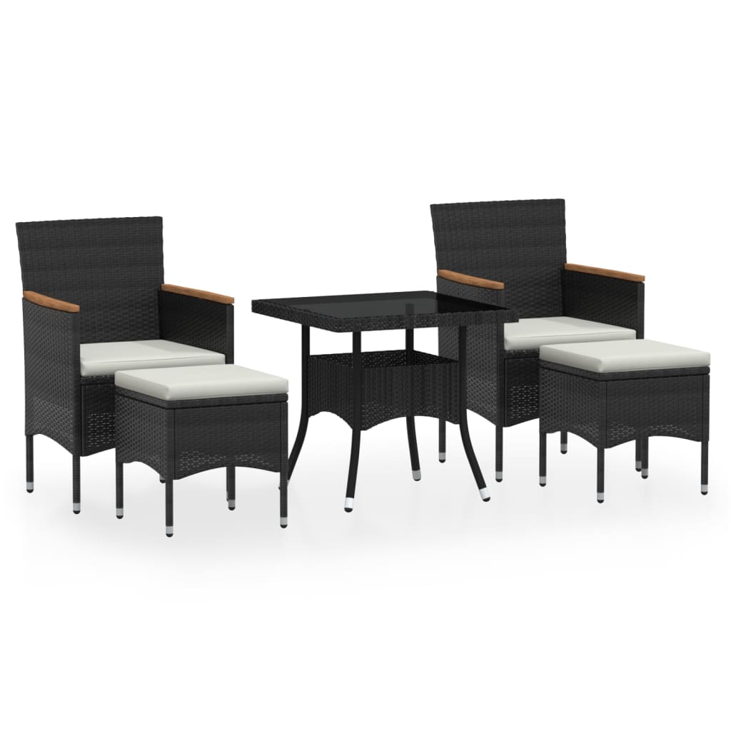 5-delige Tuinset poly rattan en gehard glas zwart
