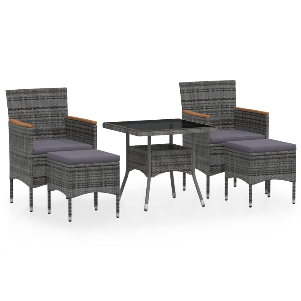 5-delige Tuinset poly rattan en gehard glas grijs