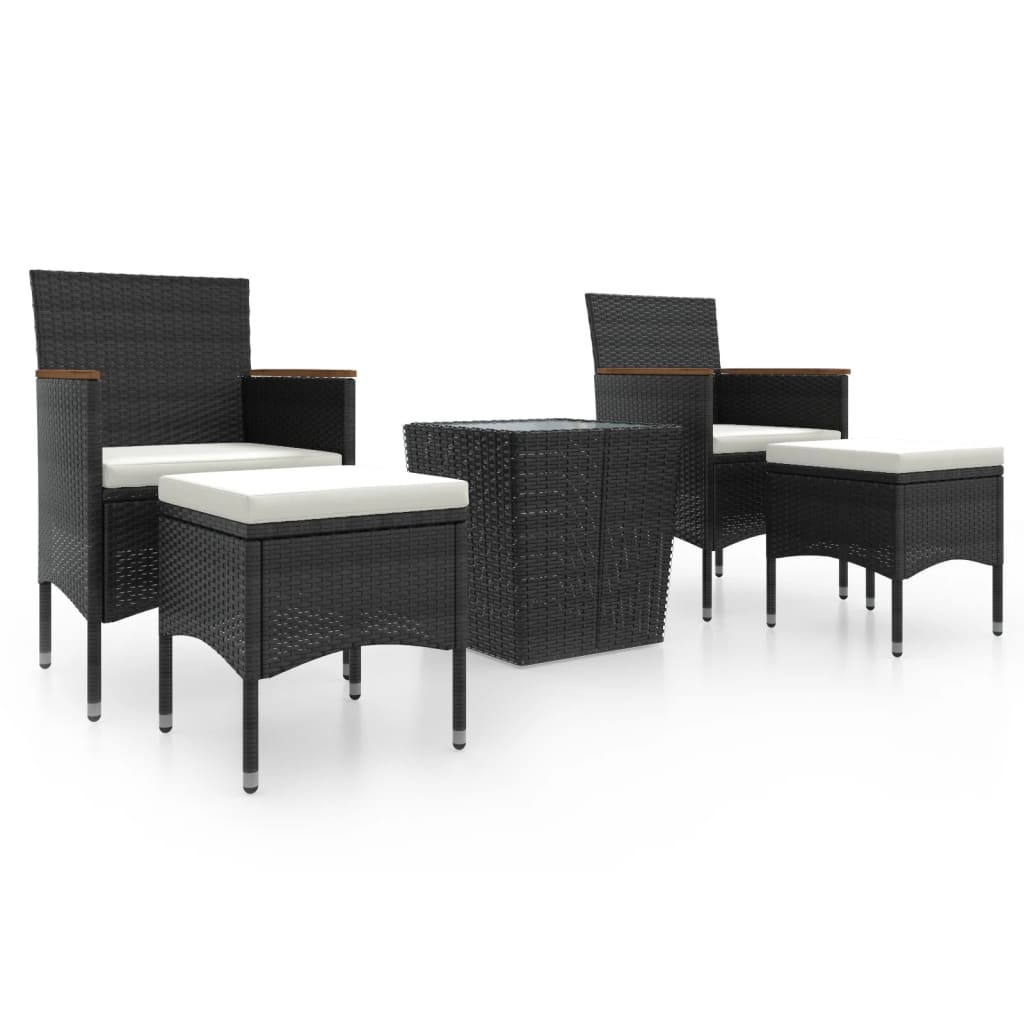 5-delige Bistroset poly rattan en gehard glas zwart