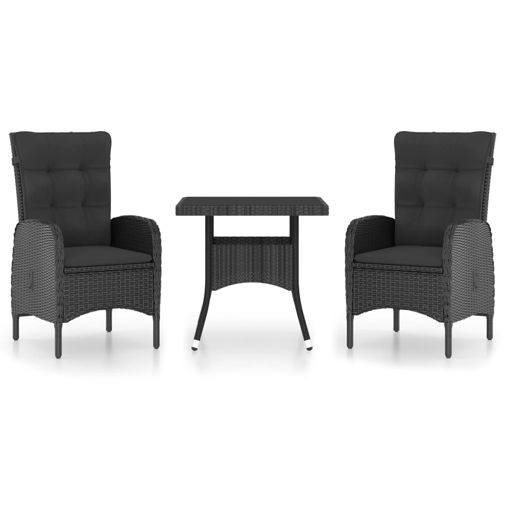 3-delige Tuinset poly rattan en glas zwart