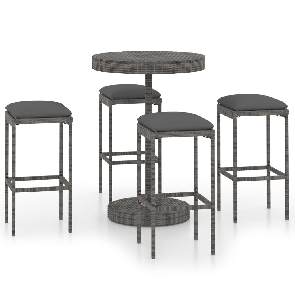 5-delige Tuinbarset met kussens poly rattan grijs