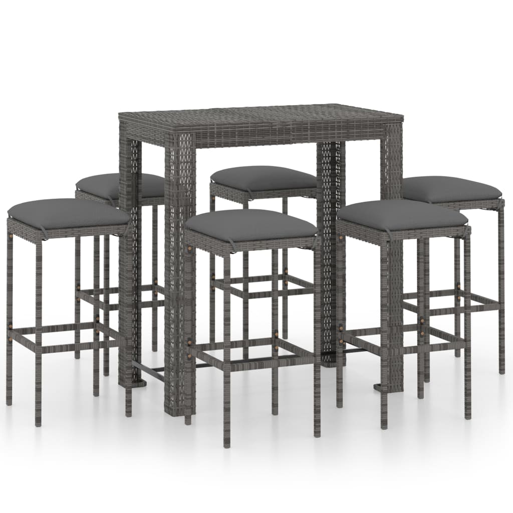 7-delige Tuinbarset met kussens poly rattan grijs