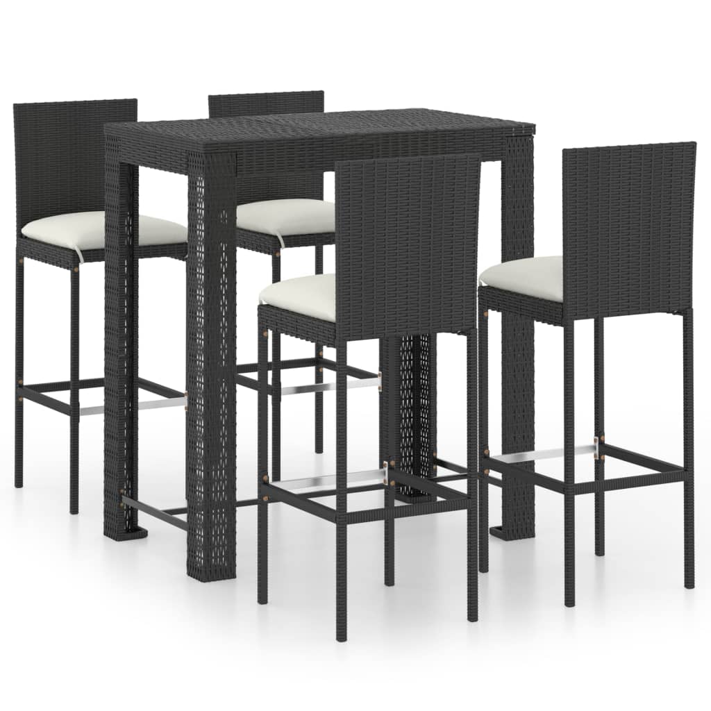 5-delige Tuinbarset met kussens poly rattan zwart