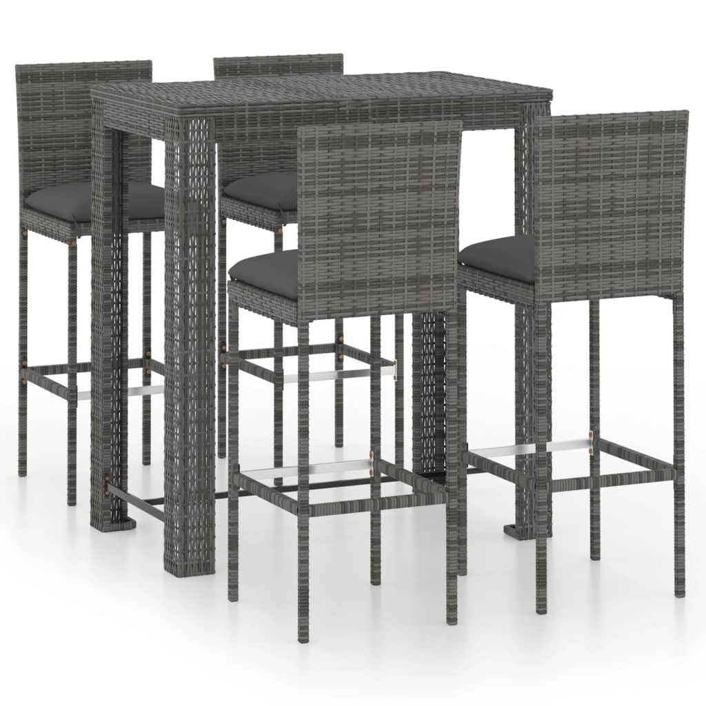5-delige Tuinbarset met kussens poly rattan grijs