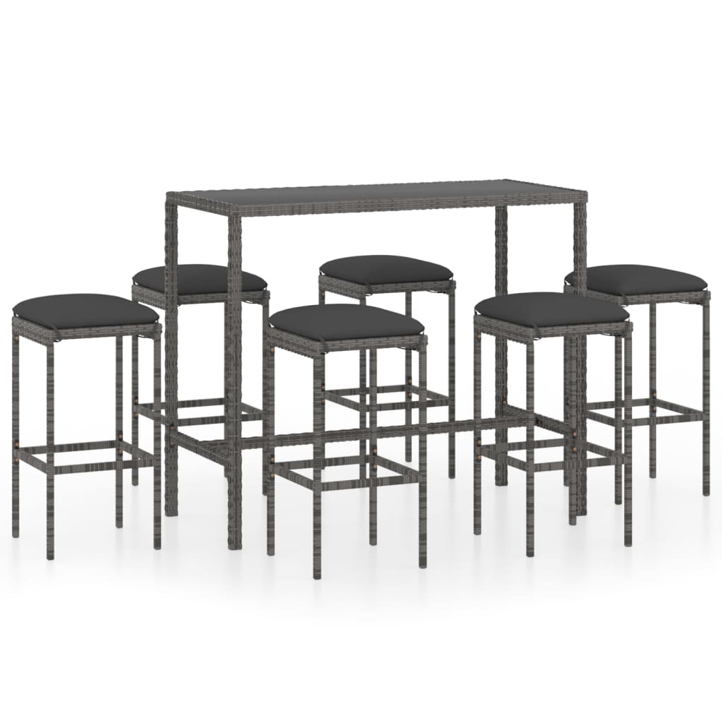 7-delige Tuinbarset met kussens poly rattan grijs