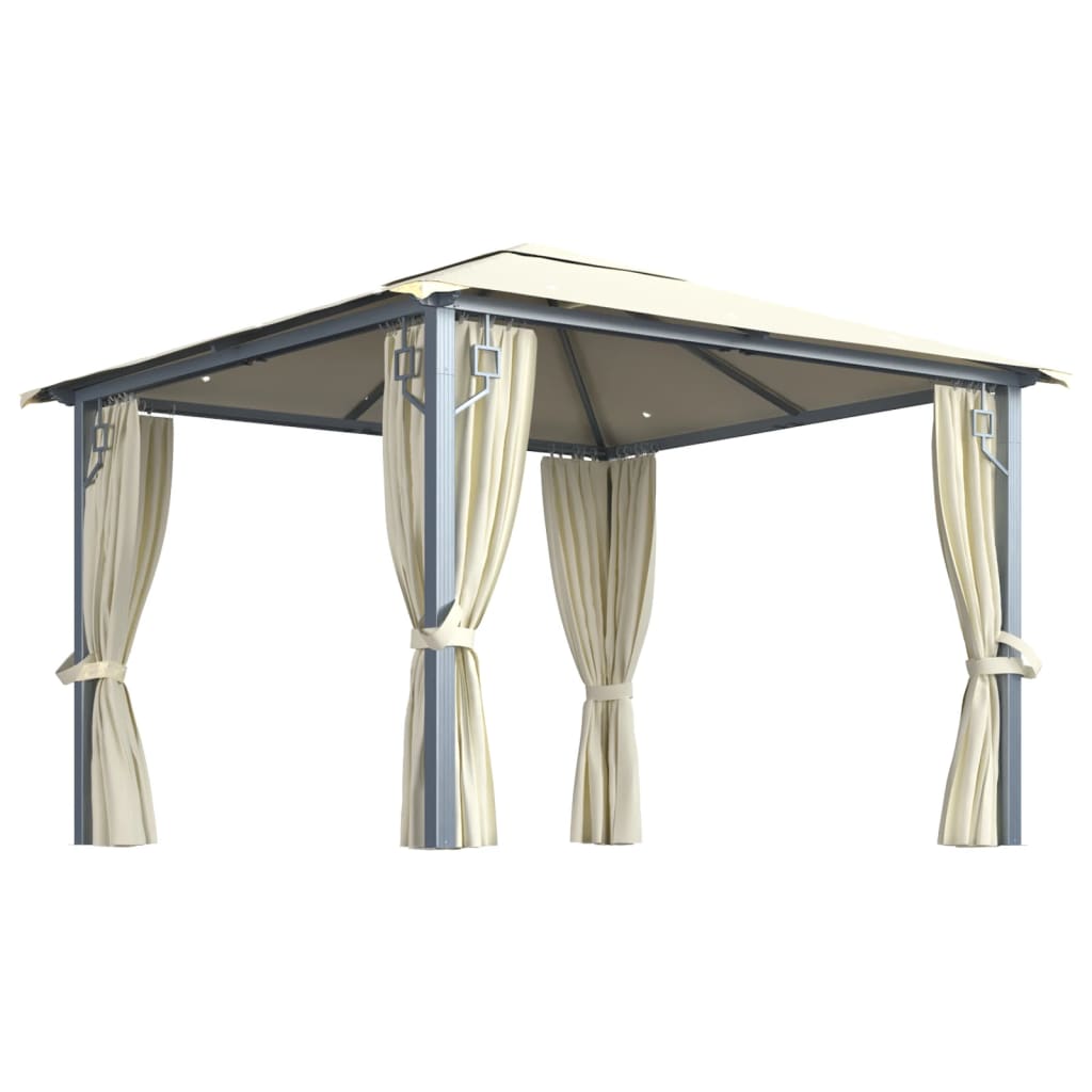 Prieel met gordijn en LED-lichtslinger 3x3 m aluminium crème