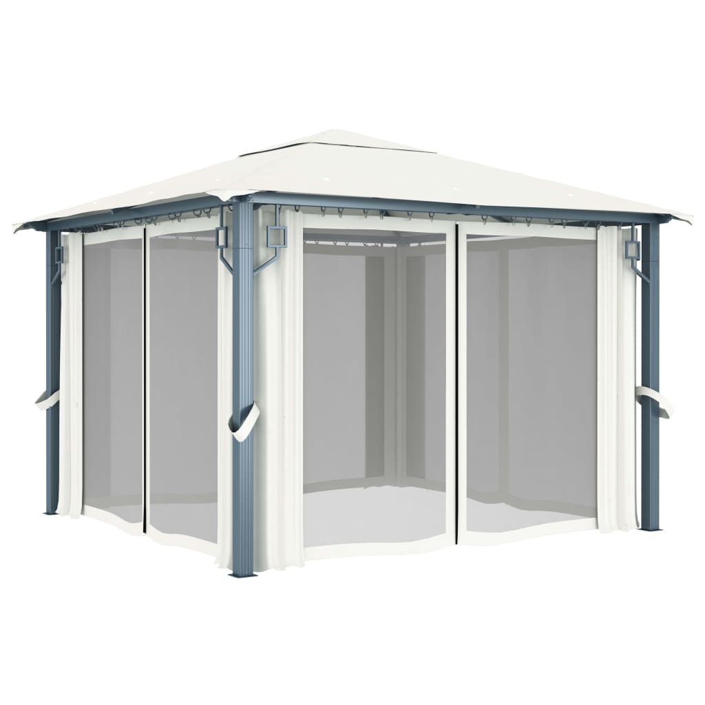 Prieel met gordijn en LED-lichtslinger 3x3 m aluminium crème