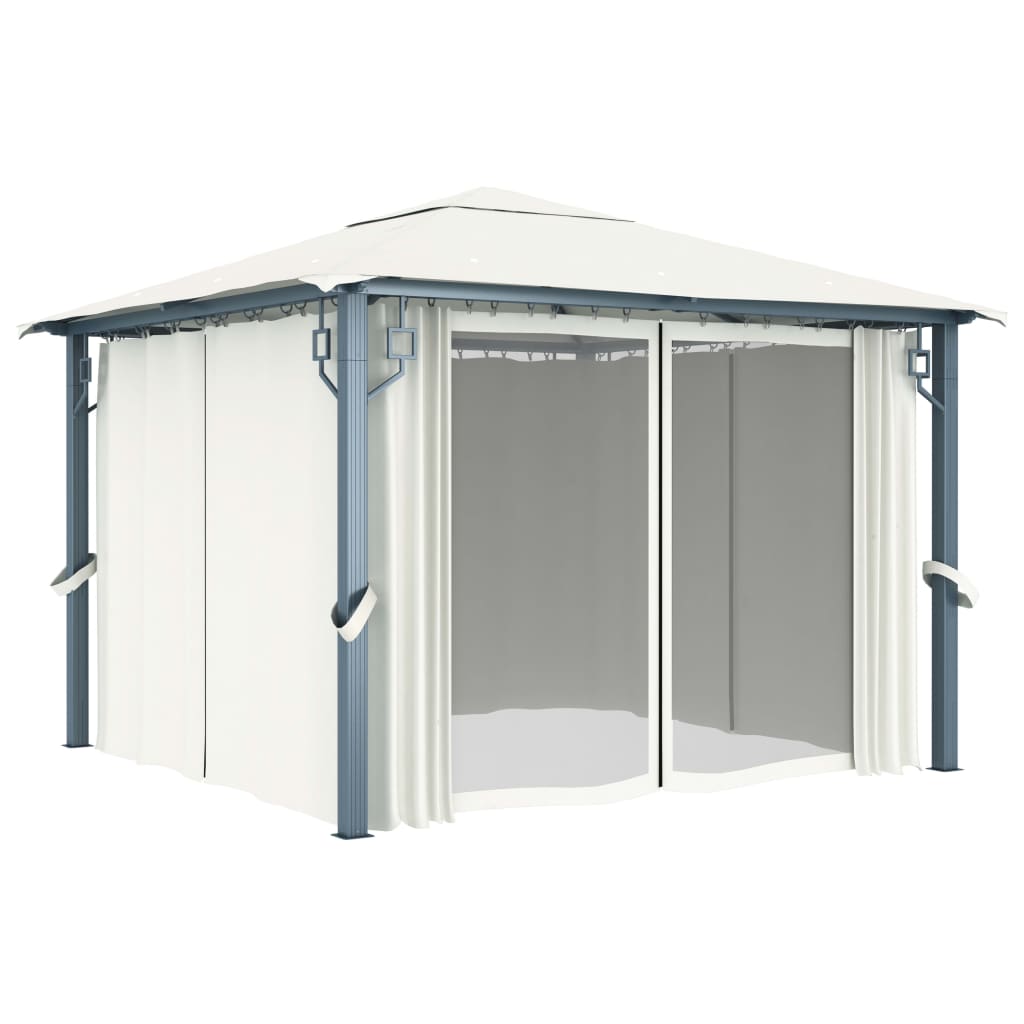 Prieel met gordijn en LED-lichtslinger 3x3 m aluminium crème