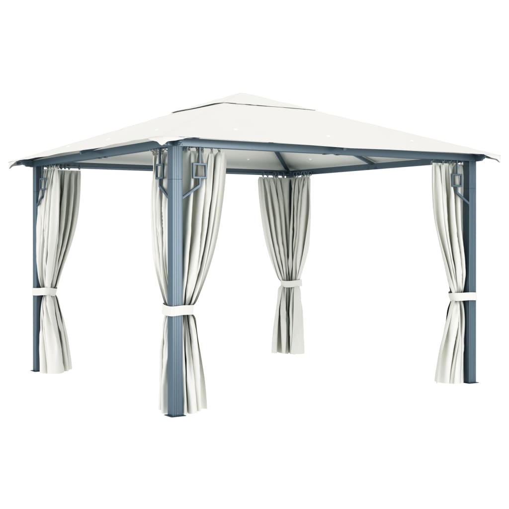 Prieel met gordijn en LED-lichtslinger 3x3 m aluminium crème