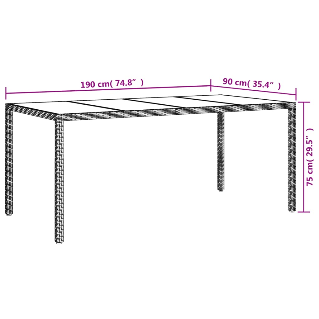 Tuintafel 190x90x75 cm gehard glas en poly rattan beige