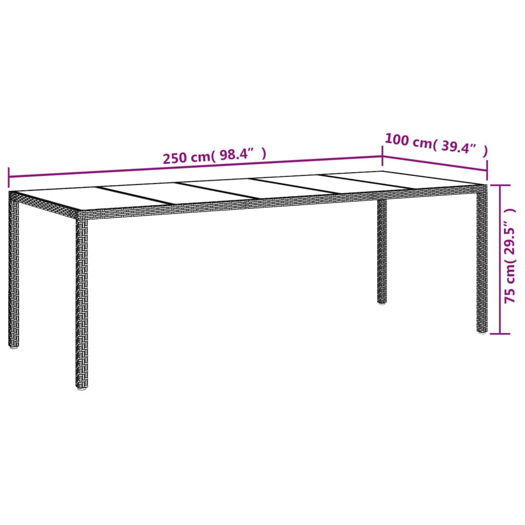 Tuintafel 250x100x75 cm gehard glas en poly rattan beige