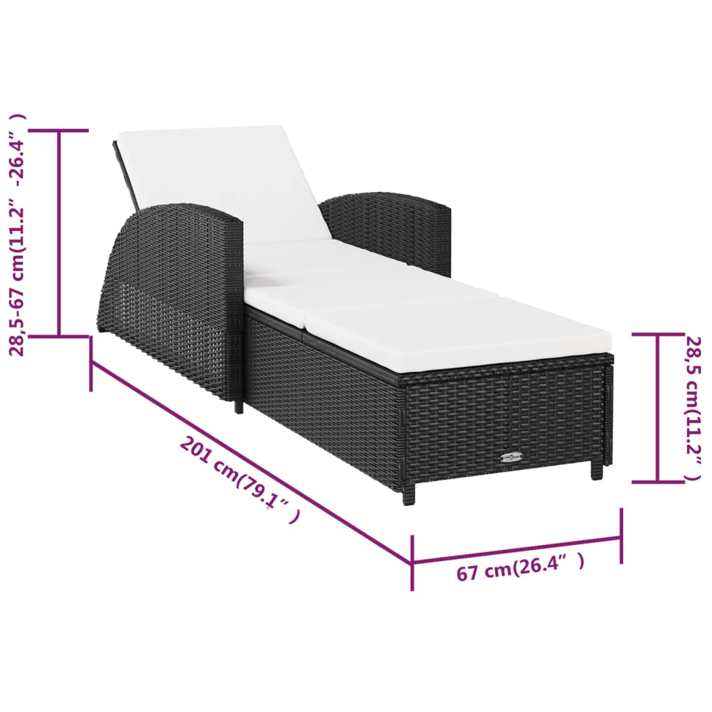 Ligbed met crèmewit kussen poly rattan zwart