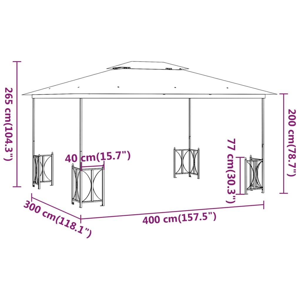 Prieel met zijwanden en dubbel dak 3x4 m antracietkleurig