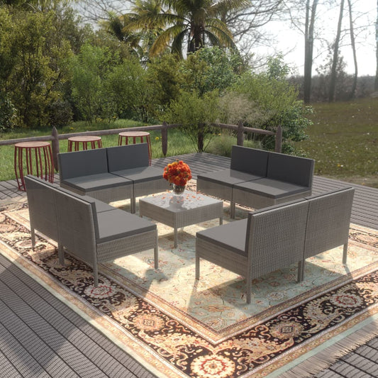 9-delige Loungeset met kussens poly rattan grijs