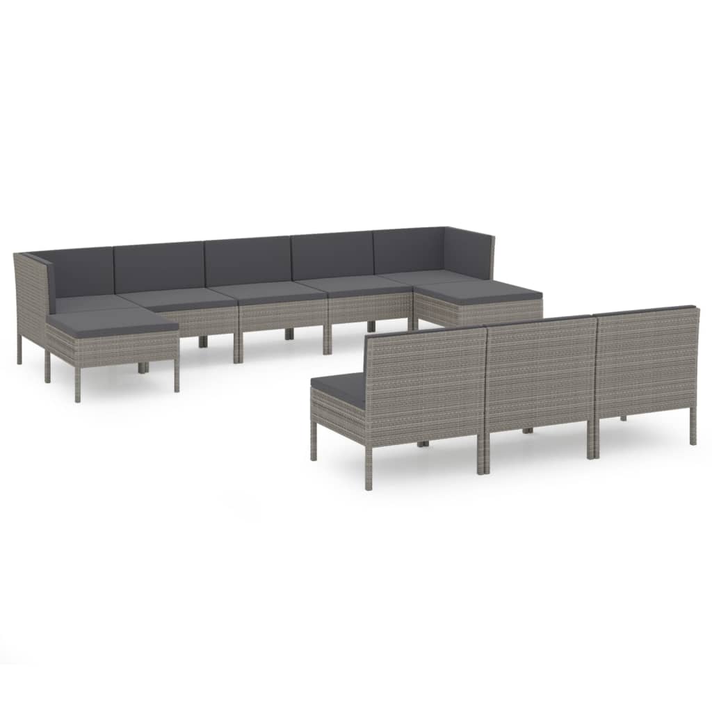 10-delige Loungeset met kussens poly rattan grijs
