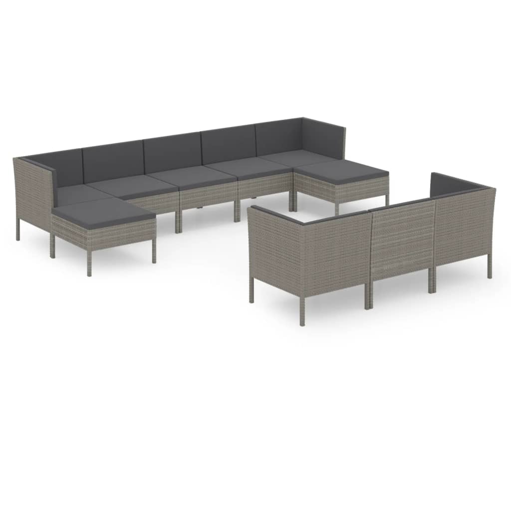 10-delige Loungeset met kussens poly rattan grijs