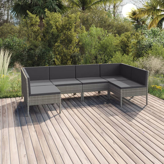 6-delige Loungeset met kussens poly rattan grijs