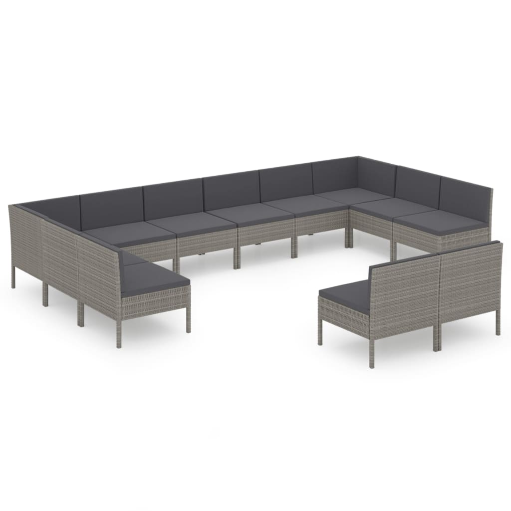 12-delige Loungeset met kussens poly rattan grijs