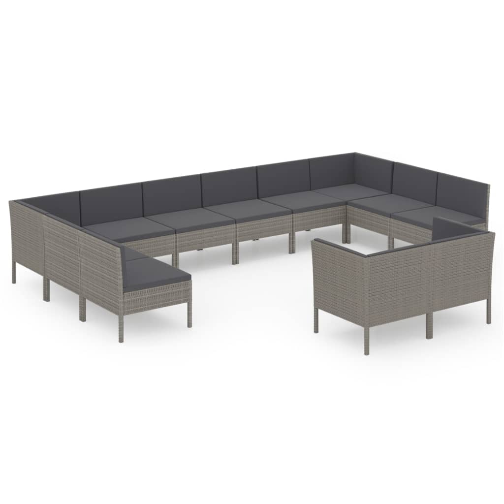 12-delige Loungeset met kussens poly rattan grijs