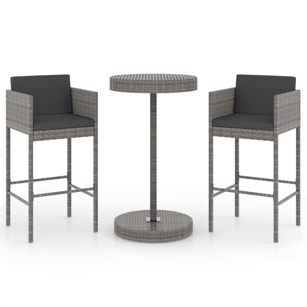 3-delige Tuinbarset met kussens poly rattan grijs