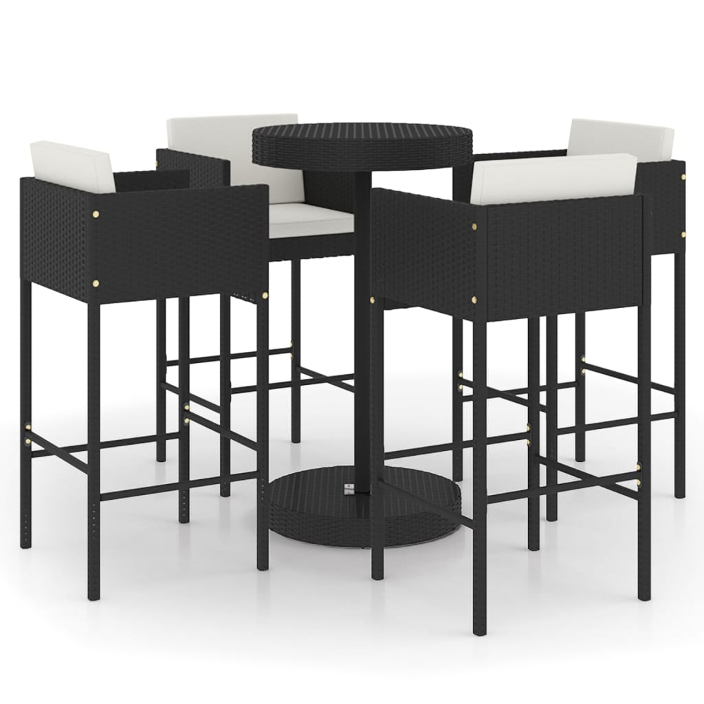5-delige Tuinbarset met kussens poly rattan zwart