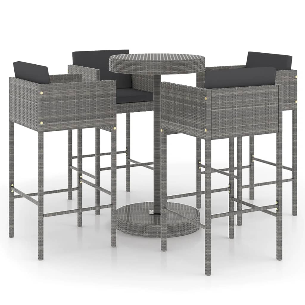 5-delige Tuinbarset met kussens poly rattan grijs
