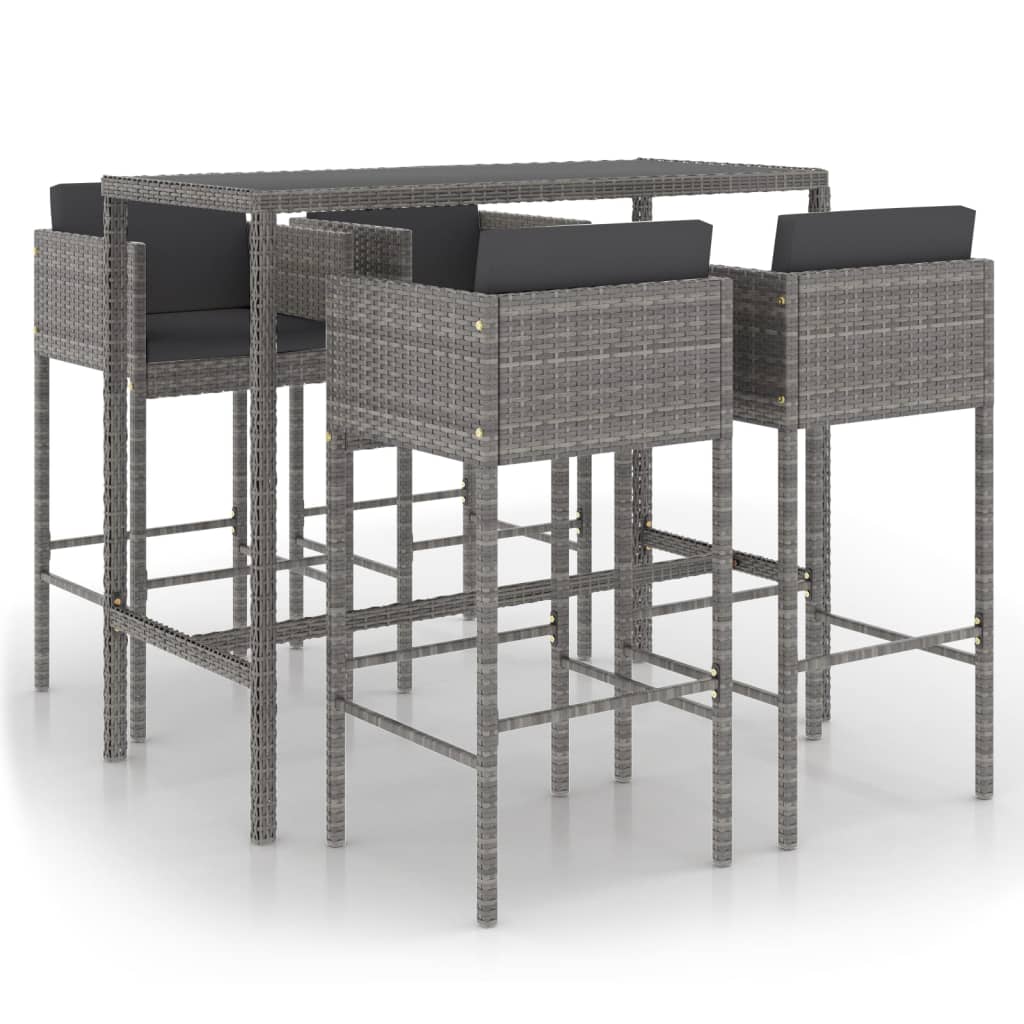 5-delige Tuinbarset met kussens poly rattan grijs