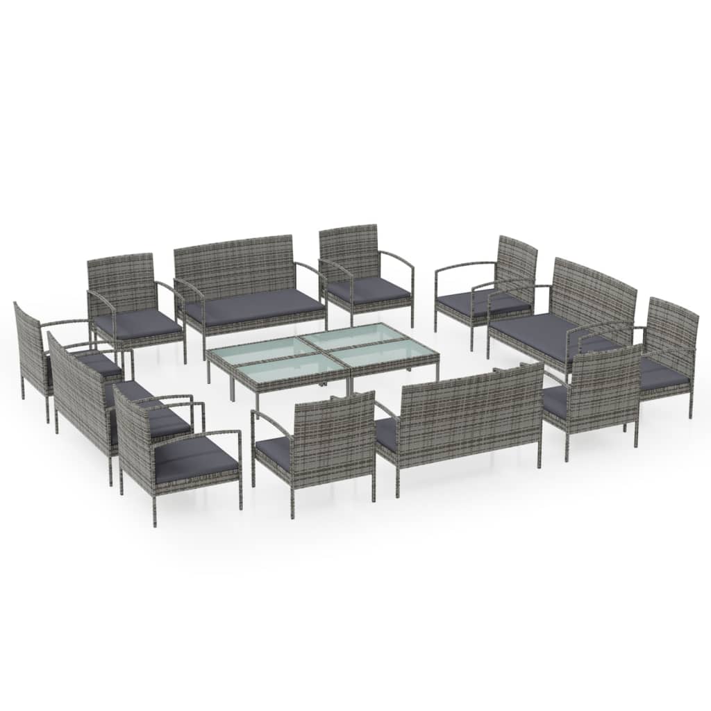 16-delige Loungeset met kussens poly rattan grijs
