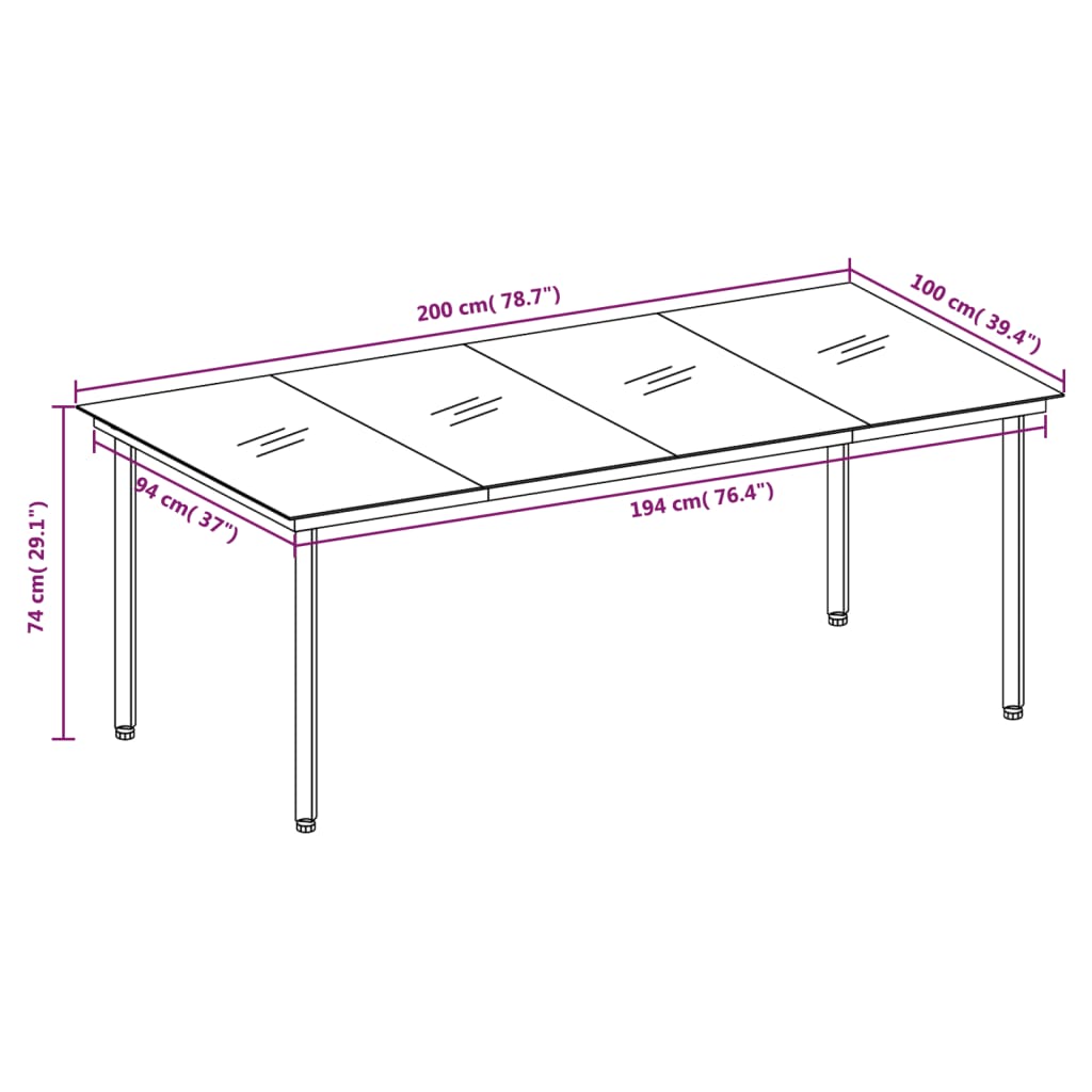 Tuintafel 200x100x74 cm staal en glas zwart