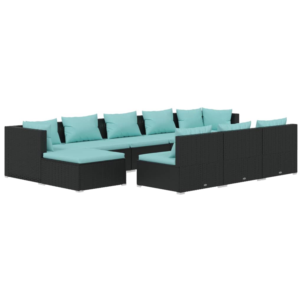 10-delige Loungeset met kussens poly rattan zwart