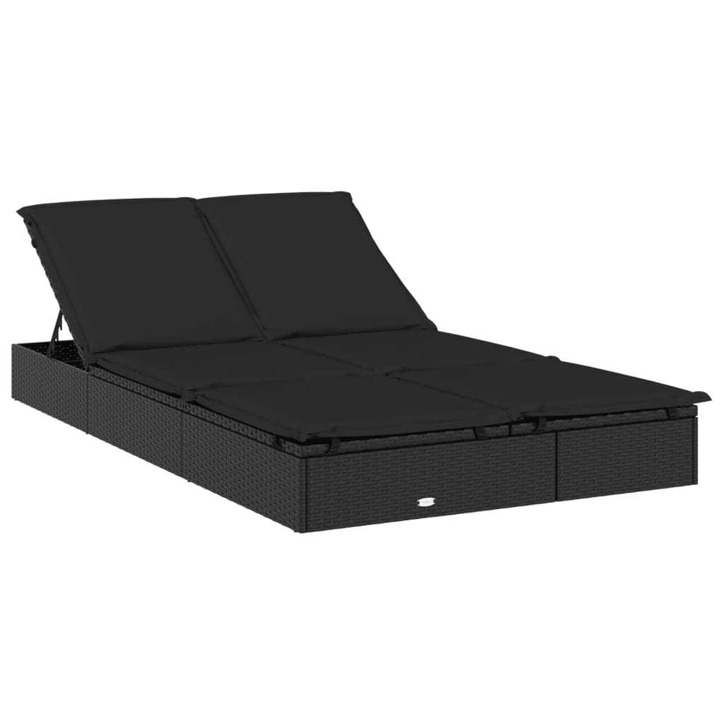 Ligbed met kussens 2-persoons poly rattan zwart