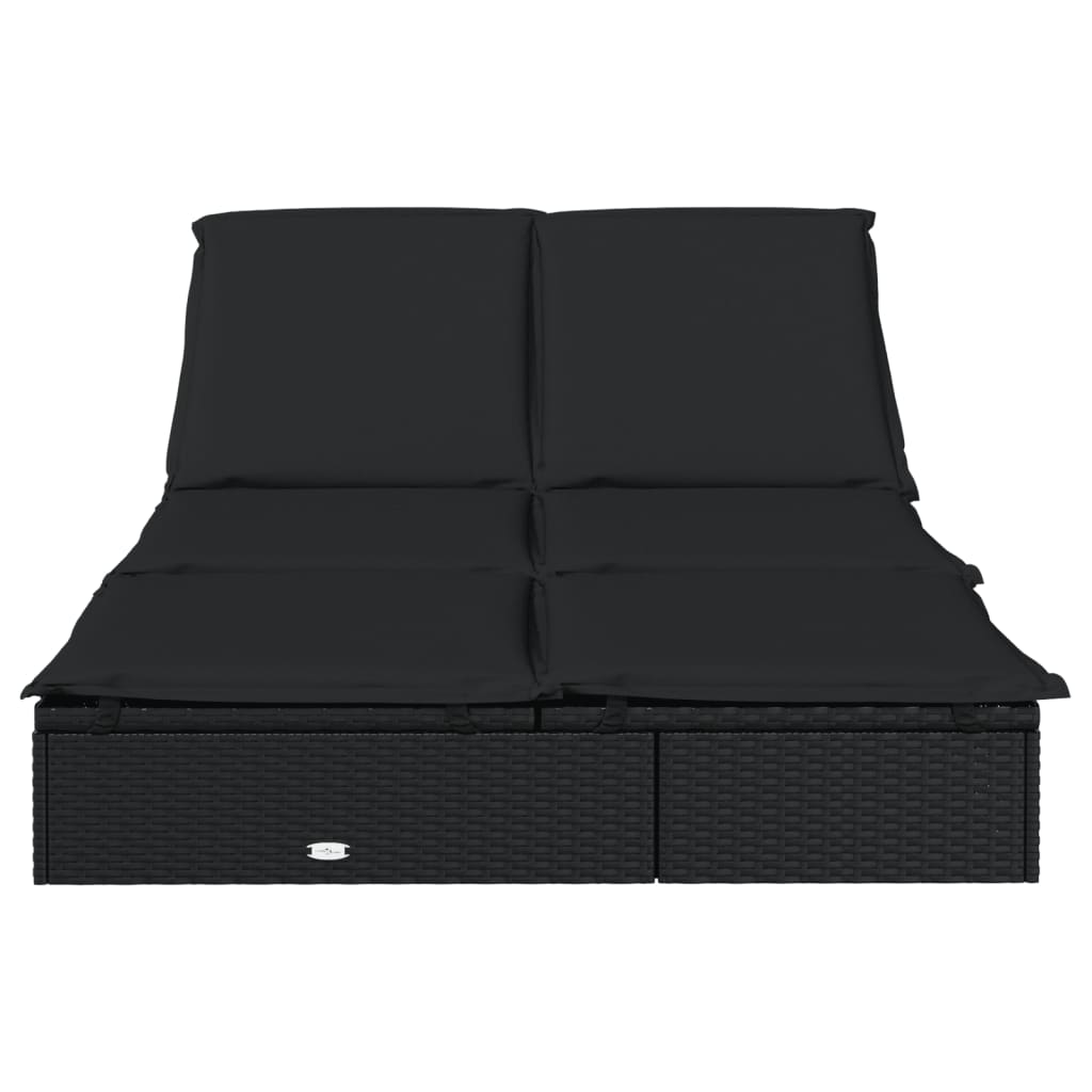 Ligbed met kussens 2-persoons poly rattan zwart
