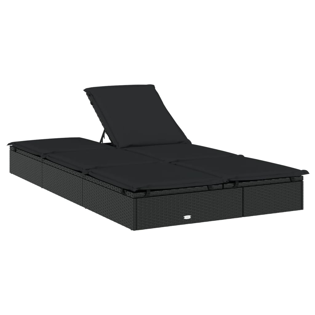 Ligbed met kussens 2-persoons poly rattan zwart