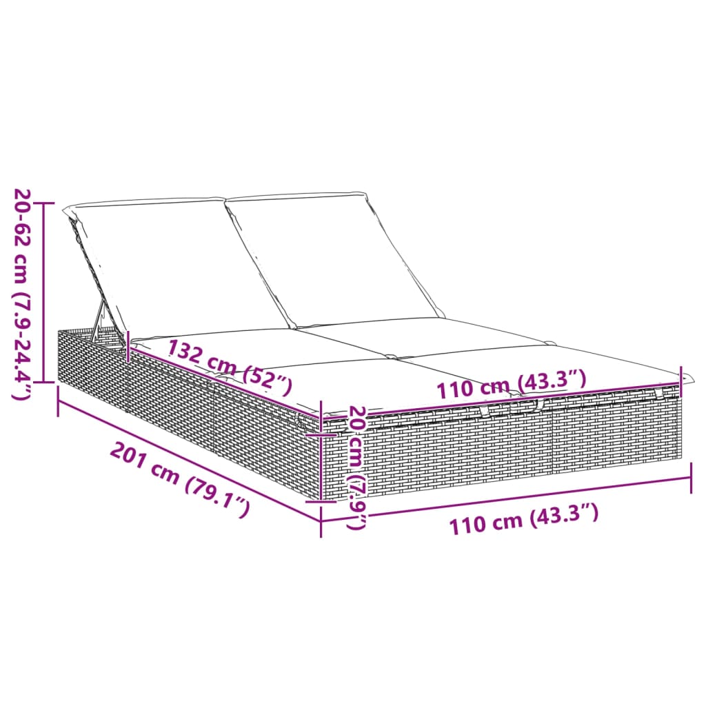 Ligbed met kussens 2-persoons poly rattan zwart