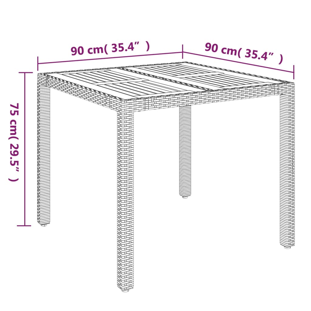 Tuintafel met houten blad 90x90x75 cm poly rattan zwart