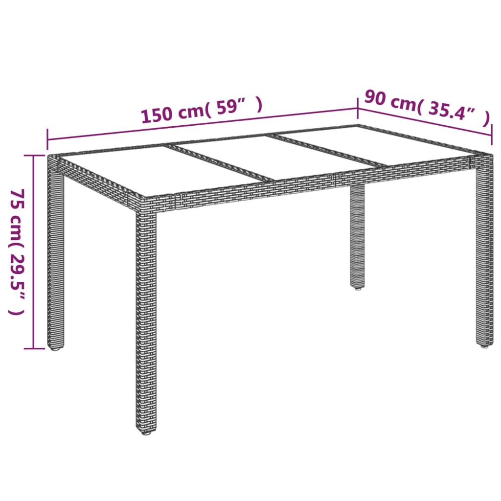 Tuintafel met glazen blad 150x90x75 cm poly rattan grijs