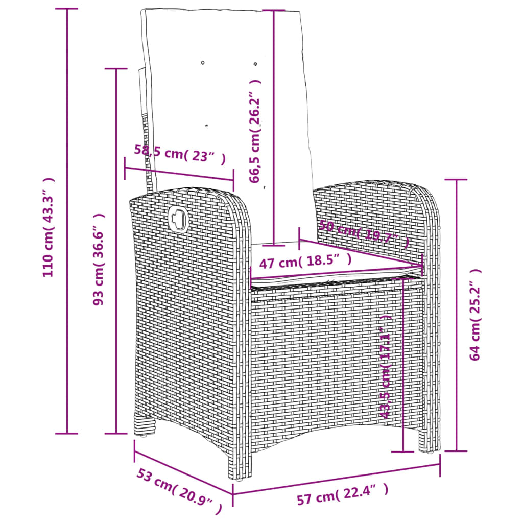 Tuinstoelen 2 st verstelbaar met kussens poly rattan bruin