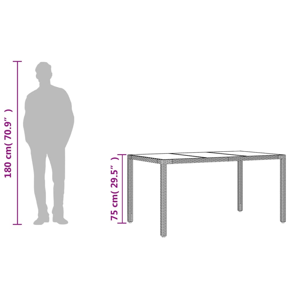 Tuintafel met glazen blad 150x90x75 cm poly rattan grijs