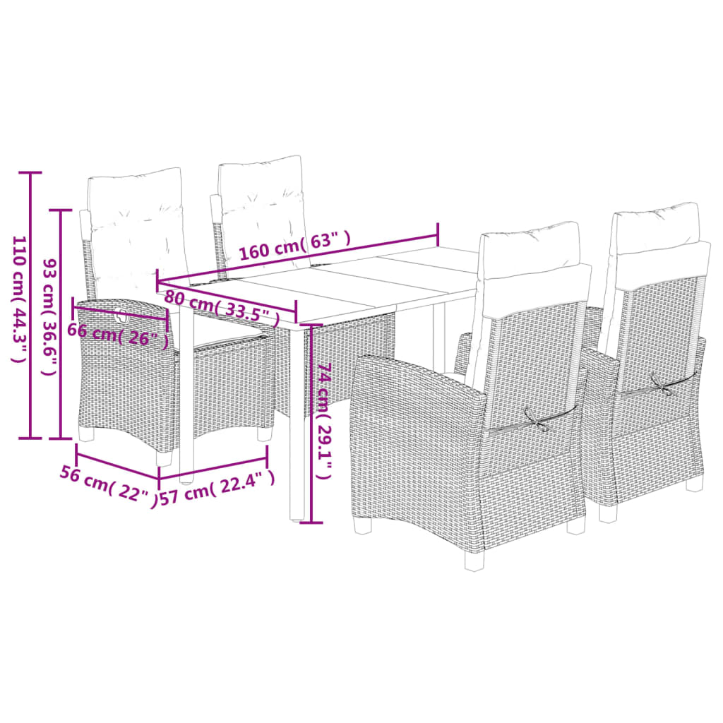5-delige Tuinset met kussens poly rattan grijs