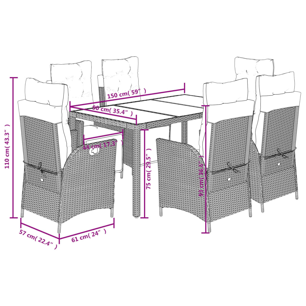 7-delige Tuinset met kussens poly rattan grijs